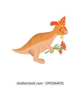 Cute cartoon dinosaur with birthdays hat and flowers. childish festive dinos flat illustration. Happy Birthday concept. Vector animal character. Perfect for greeting card, sublimation printing 