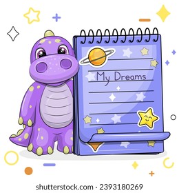 A cute cartoon dinosaur with a blue notebook with stickers. Vector illustration of animal on a white background with stars, circles.