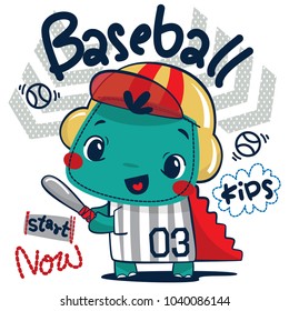 Cute cartoon dinosaur boy baseball player wearing cap and holding bat isolated on white background illustration vector
