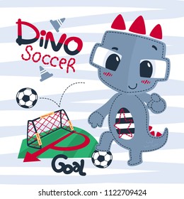 Cute cartoon dinosaur boy soccer player stepping the ball and pointing forward on striped background illustration vector, for t-shirt print.