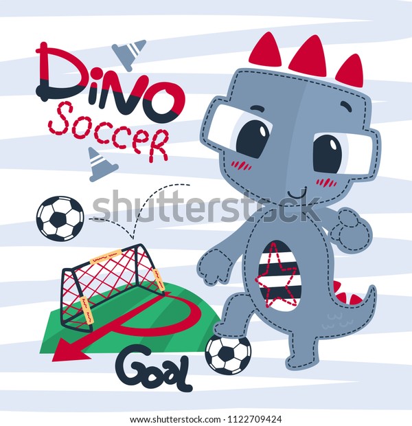 Tシャツのプリント用に ボールを踏み 縞模様のイラストベクター画像を前に指差す かわいいアニメの恐竜の少年サッカー選手 のベクター画像素材 ロイヤリティフリー