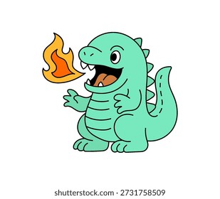 Cute Cartoon Dinosaur Breathing Fire Kawaii Character Icon. Adorable green dragon cartoon breathing fire. Cute Kaiju Lizard Breathing Fire Cartoon Character Illustration. Vector art
