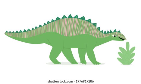 Cute cartoon dinosaur character and a bush. Cheerful flat hand drawn childish jurassic reptile animal. Kids green dino poster print art design. Funny wildlife silvisaurus monster vector illustration