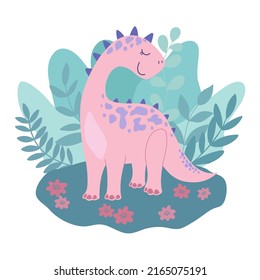 Cute cartoon dinosaur character for kids on a background of leaves. Vector illustration.