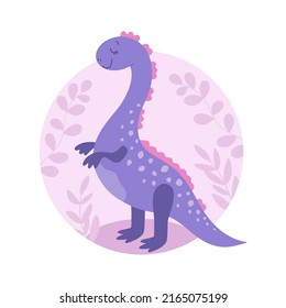 Cute cartoon dinosaur character for kids on a background of leaves. Vector illustration.
