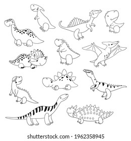 Cute cartoon dinosaur character set for children. Black and white illustration for coloring book