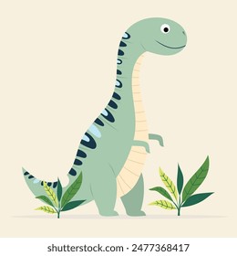 Ilustración linda de los niños del dinosaurio de dibujos animados en fondo aislado beige. Dinosaurio verde animal de los niños en el estilo prehistórico del Vector. Para tarjetas, invitaciones, decoración de cumpleaños.