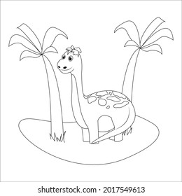 Cute cartoon dinosaur in a clearing with palm trees. Dinosaur coloring book for kids. Black and white image.