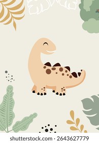 Cute Cartoon Dinosaur Clipart. Kawaii Dino Illustration with Jungle Leaves. Perfect for Nursery or Kids Room