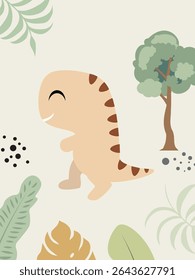 Cute Cartoon Dinosaur Clipart. Kawaii Dino Illustration with Jungle Leaves. Perfect for Nursery or Kids Room