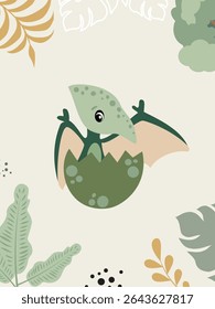 Cute Cartoon Dinosaur Clipart. Kawaii Dino Illustration with Jungle Leaves. Perfect for Nursery or Kids Room