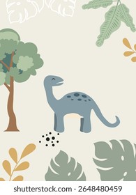 Cute Cartoon Dinosaur Clipart. Kawaii Dino Illustration with Jungle Leaves. Perfect for Nursery or Kids Room