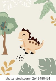 Cute Cartoon Dinosaur Clipart. Kawaii Dino Illustration with Jungle Leaves. Perfect for Nursery or Kids Room