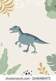 Cute Cartoon Dinosaur Clipart. Kawaii Dino Illustration with Jungle Leaves. Perfect for Nursery or Kids Room