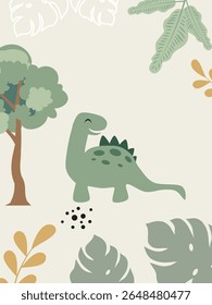 Cute Cartoon Dinosaur Clipart. Kawaii Dino Illustration with Jungle Leaves. Perfect for Nursery or Kids Room