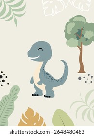 Cute Cartoon Dinosaur Clipart. Kawaii Dino Illustration with Jungle Leaves. Perfect for Nursery or Kids Room