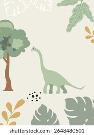 Cute Cartoon Dinosaur Clipart. Kawaii Dino Illustration with Jungle Leaves. Perfect for Nursery or Kids Room