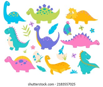 Cute cartoon dinosaur collection. Dino characters flat style vector illustration. T-rex, stegosaurus, spinosaurus, triceraptor, brontosaurus, plesiosaurus, brachiousaurus ancient comic reptiles.