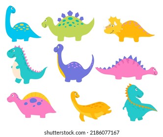 Cute cartoon dinosaur collection. Dino characters flat style vector illustration. T-rex, stegosaurus, spinosaurus, triceraptor, brontosaurus, plesiosaurus, brachiousaurus isolated on white background.