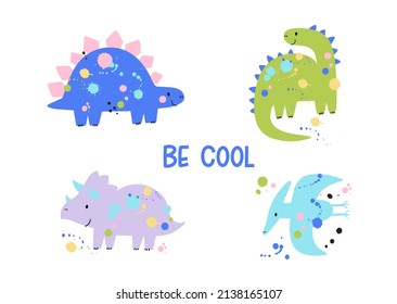 Cute cartoon dinosaur and colorful abstract splashes. Hand drawn vector print for kids