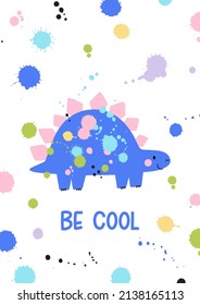 Cute cartoon dinosaur and colorful abstract splashes. Hand drawn vector print for kids