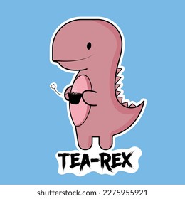 cute cartoon dinosaur with a with the cup of tea. colorful children's illustration. Sketch cute Jurassic reptiles