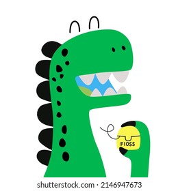 Cute cartoon dinosaur with dental floss. Funny cute kid drawn characters. Vector illustration. Background is ideal for children's clothing, textiles, stickers, T-shirts, wrapping paper, web, promotion