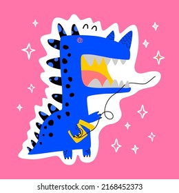 Cute cartoon dinosaur with dental floss. A picture with sparkles of stars. Illustration in flat style. Stickers, merch, promotional and praise sticker for brushing your teeth and visit to the dentist.