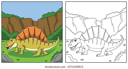 cute cartoon dinosaur Dimetrodon, funny illustration, coloring book for kids and children.