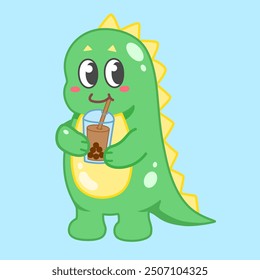 Cute Cartoon dinosaur Drinking Milk tea with Boba