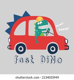 cute cartoon dinosaur driving a red monster car vector illustration svg
