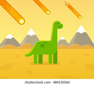 Cute cartoon dinosaur during asteroid strike. Prehistoric extinction event vector illustration.