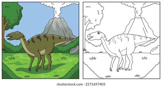 cute cartoon dinosaur Edmontosaurus, funny illustration, coloring book for kids and children
