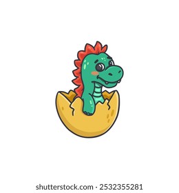 Cute cartoon dinosaur in egg isolated on white. Dino cub in flat style for children. Funny dinosaur for cards, magazines, banners. Vector illustration