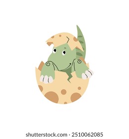 Cute cartoon dinosaur in eggshell on white background. Ancient lizard in flat style. Baby dino illustration for  design of clothes, wallpaper, greeting cards, etc