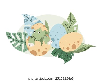 Cute cartoon dinosaur in eggshell in tropical leaves on white background. Ancient lizard in flat style. Children's illustration of baby dino birth for design of clothes, wallpapers, greeting cards etc