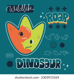 Cute cartoon dinosaur faces is in the shape of a footprint on green background illustration vector.