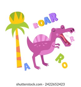 Dinosaurio de dibujos animados. Ilustración simple y plana con estilo para el diseño sobre fondo blanco. Plantilla para texto. Gráficos vectoriales.