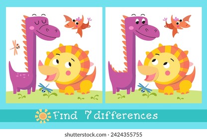 Lindo dinosaurio de dibujos animados. Ilustración simple aislada estilizada plana. Encuentra 7 diferencias. Juego de rompecabezas educativo para niños. Gráficos vectoriales.