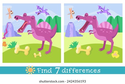 Lindo dinosaurio de dibujos animados. Ilustración simple aislada estilizada plana. Encuentra 7 diferencias. Juego de rompecabezas educativo para niños. Gráficos vectoriales.