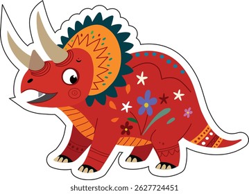 Cute Cartoon  Dinosaur with Floral Folk Art Design
