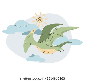 Cute cartoon dinosaur flying among clouds. Ancient flying lizard in flat style. Pterodactyl children's illustration for clothing design, wallpaper, greeting cards, etc