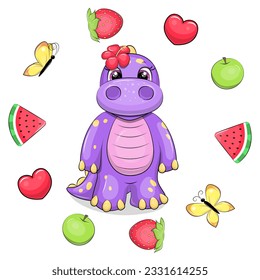 Cute cartoon dinosaur in a fruit frame. Summer vector illustration of purple animal with red hearts, green apple, red strawberry, yellow butterfly and watermelon on white background.