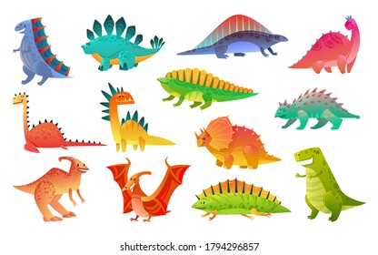Cute cartoon dinosaur. Funny dinosaurs wild animal dragon and nature reptile, childish bright prehistoric collection, vector flat nursery cartoon isolated illustration