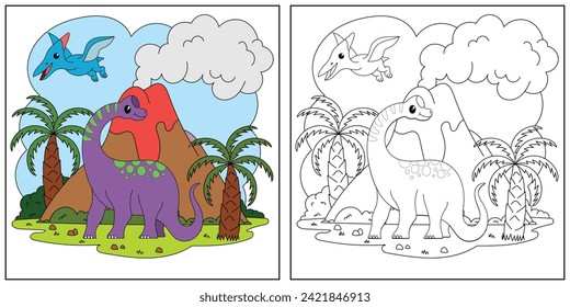 lindos dinosaurios de dibujos animados, graciosa ilustración, libro de colorear para niños y niños.