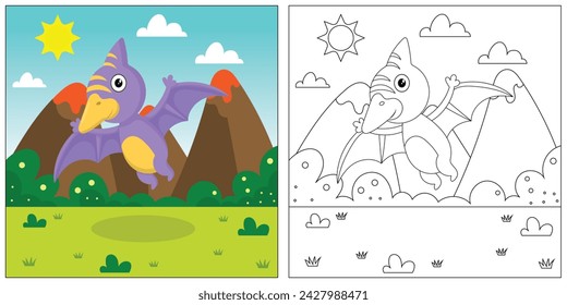 Lindo dinosaurio de dibujos animados, ilustración divertida, libro para colorear para niños y niños.