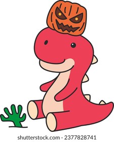 Cute cartoon dinosaur with halloween pumpkin. Vector illustration.