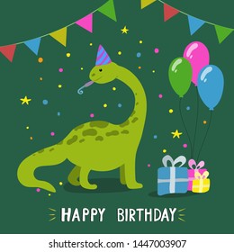 Cute cartoon dinosaur. Happy birthday greeting card. Great design for invitation, card, postcard, poster, greeting card. Hand drawn vector illustration.