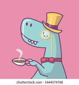 cute cartoon dinosaur with a hat with the cup of tea. colorful children's illustration. Sketch cute Jurassic reptiles