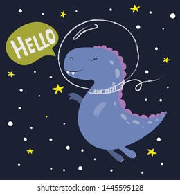 Cute cartoon dinosaur. Hello. Great design elements for kids apparel, nursery decoration, patch or poster. Hand drawn vector illustration.